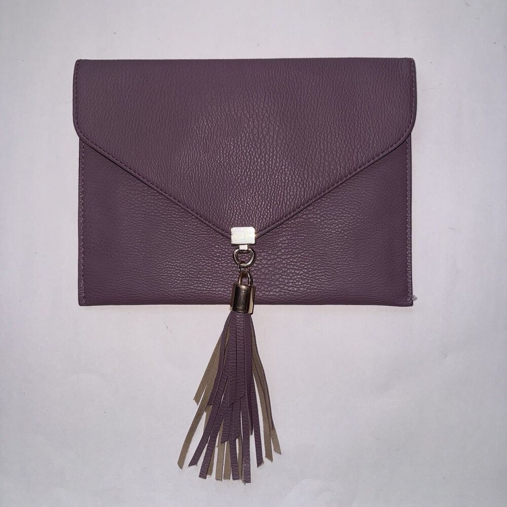 Big Buddha Faux Leather Purple Clutch Handbag Tassel Gold Tone Magnet Closure